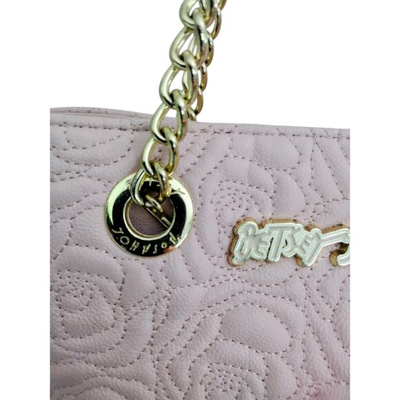 Vintage Women's Betsy Johnson Pink Rose Flower Shoulder Tassels Gold Chain - Picture 16 of 16